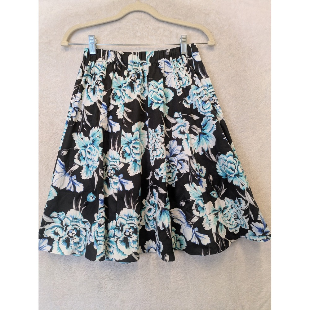 Handmade Floral Midi‎ Skirt Women's XS Black Blue Pockets Elastic Waist A-Line